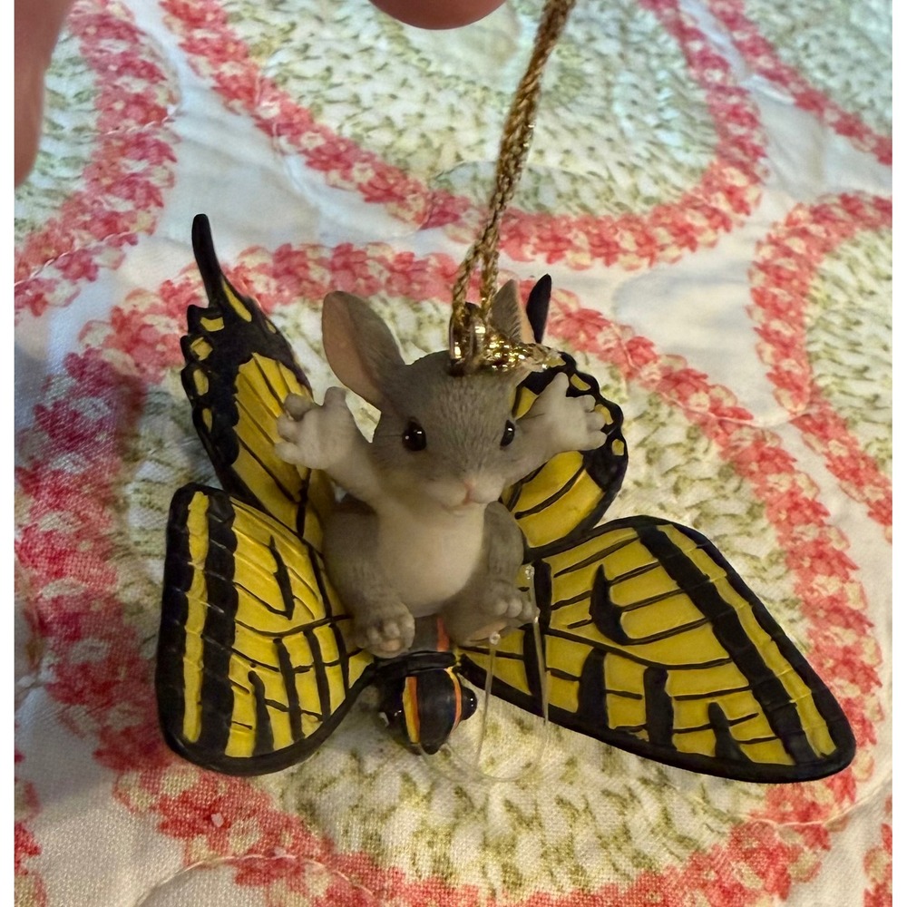 Charming Tails  Mouse Riding Butterfly Christmas Ornament Yellow